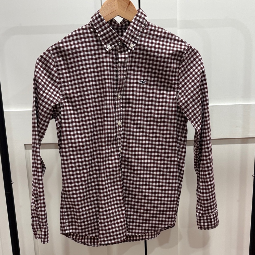 Boy’s Vineyard Vines Burgundy and White Gingham Performance Button-Down Shirt